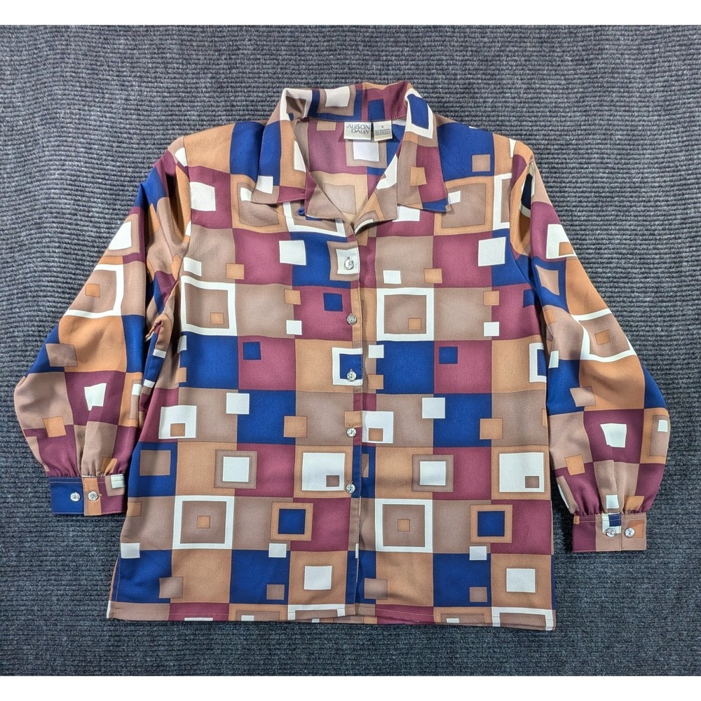 Allison Daley Blouse Top Womens 18 Multicolor Camp Collar Geometric Side Slit